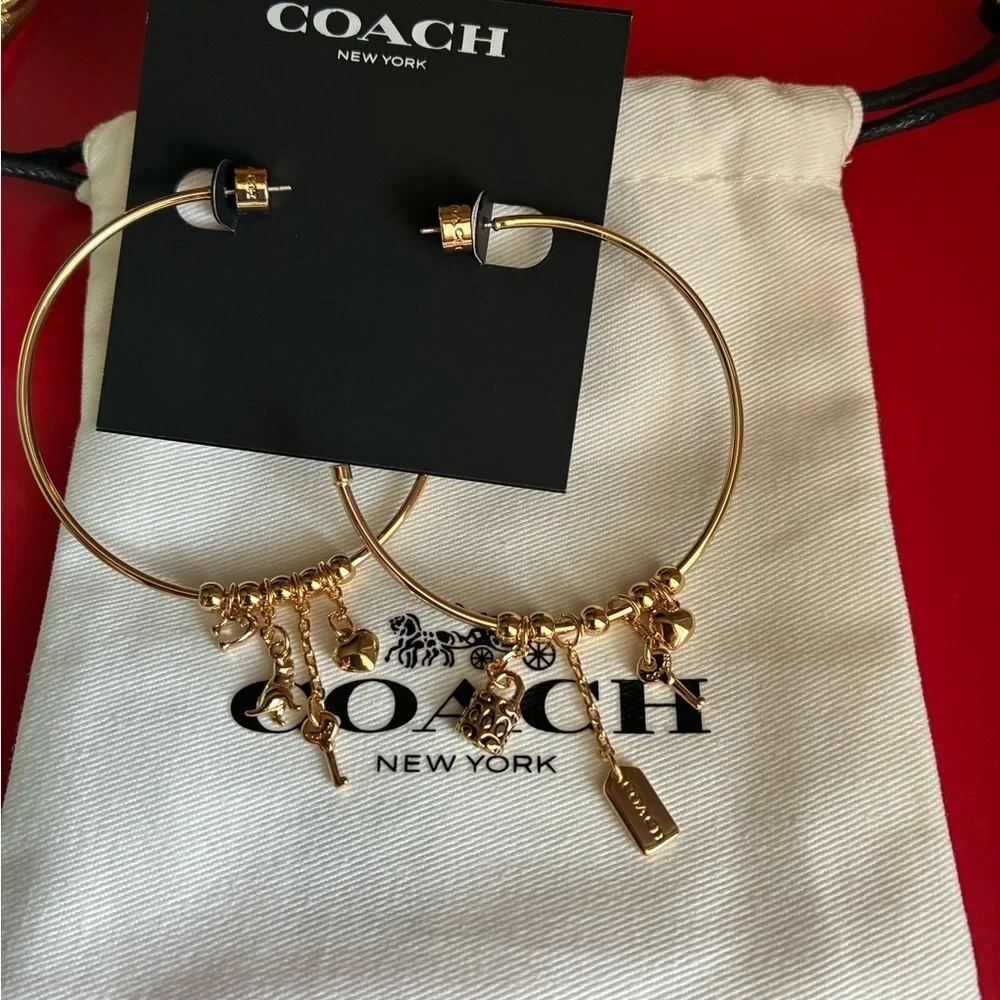 COACH Earrings,Coach Gold Hoop Earrings with Charms